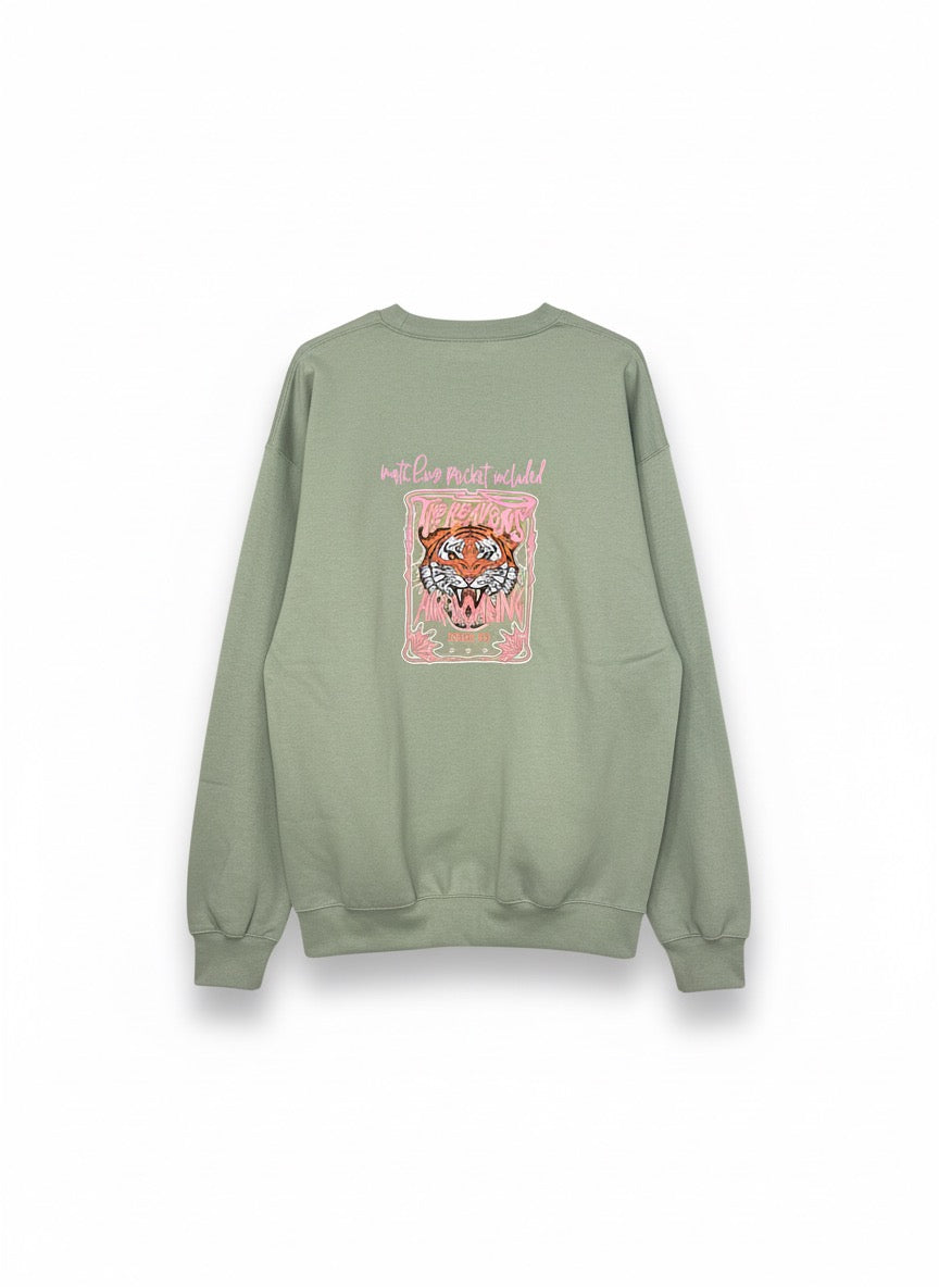 Wild Rose Tiger Crewneck Sweatshirt – Sage Green | Unisex Oversized Pullover