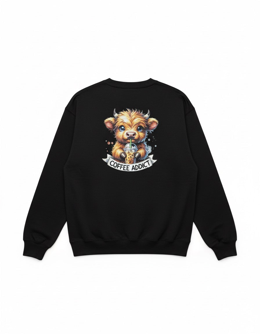 Coffee Addict Cow Crewneck – Black