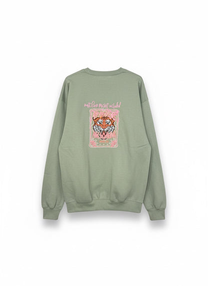 Wild Rose Tiger Crewneck Sweatshirt – Sage Green | Unisex Oversized Pullover